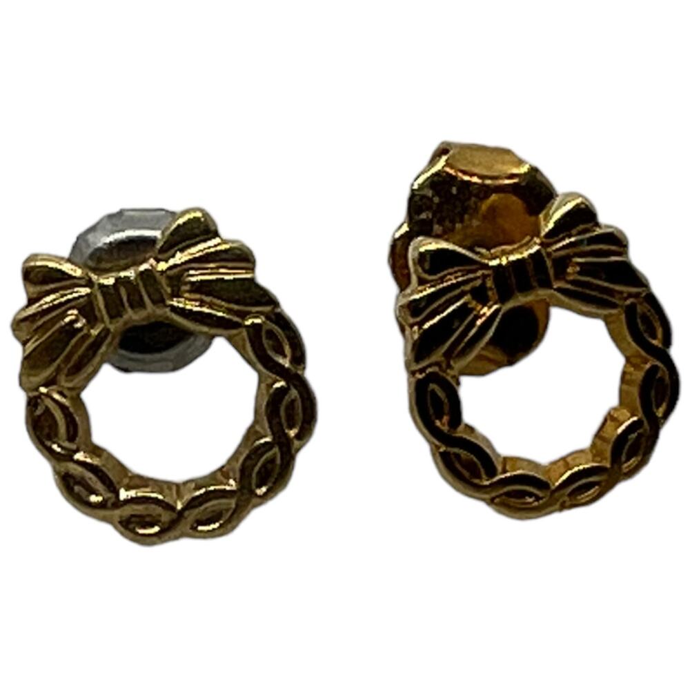 Gold Tone Wreath Bow Stud Earrings Holiday Christmas Style Mini 0.25 inch